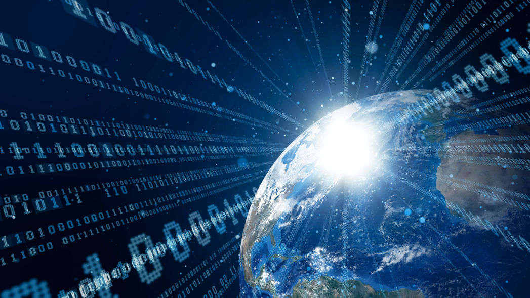 An image of the earth with binary code in the background.