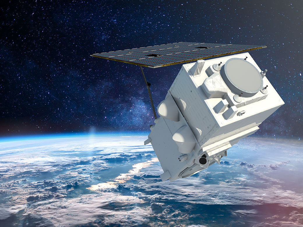 An artist’s rendering of a WorldView Legion satellite orbiting above the Earth.