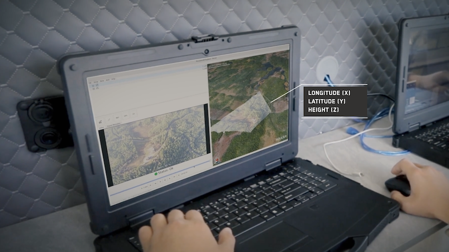 This image shows the Raptor Ace software in action. On the left, the operator sees the live feed from the drone’s native camera. On the right, they see Maxar’s 3D global terrain data. The operator is able to use these two views to select and extract highly accurate coordinates for objects on the ground with a demonstrated accuracy of within 3 meters of its real-world position.